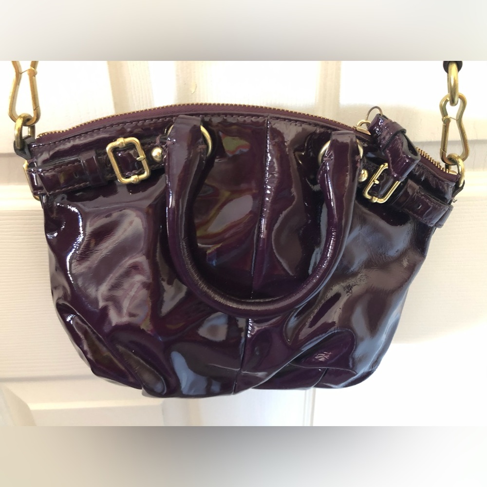Burgundy/Wine Patent Leather Coach bag W/Card Holder And Dust Bag